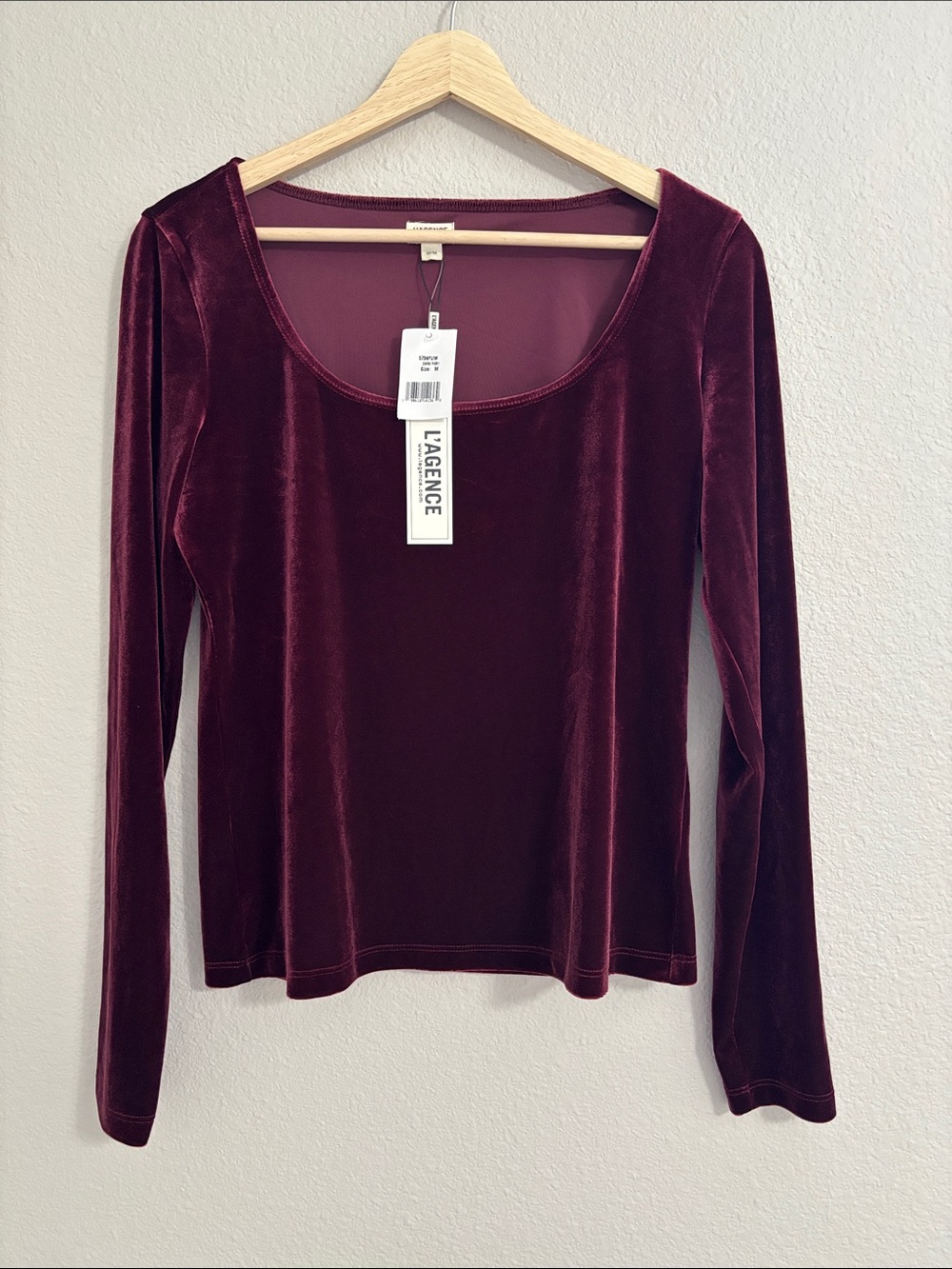 NWT L'AGENCE Jelena Velvet Velour Long-Sleeve Top Dark Port Size Medium